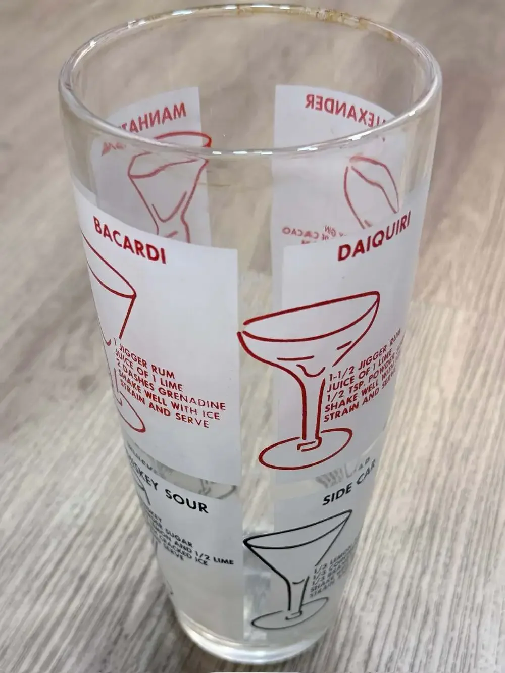 Vintage Mid-Century Glass Cocktail Shaker with Printed Drink Recipes